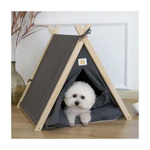 Queeneo Tent Round Triangle Teepee Outdoor Dog Bed Wood Design Breathable Pom Pom Pet Bed Accessories