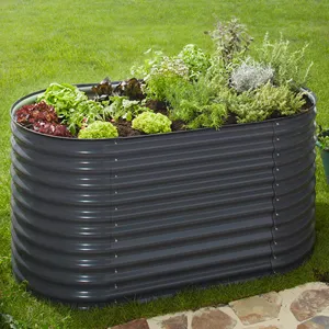 Pot logam galvanis luar ruangan persegi panjang, tempat tidur taman terangkat dengan dasar untuk bunga sayuran