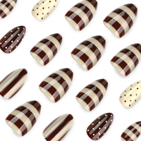 Kuku Palsu Cokelat Krem Motif Garis Polkadot Pendek Oval Pola Campuran Seni Kuku Nyaman untuk Dipakai Sehari-hari Tips Manikur 4535