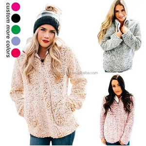 Logo personnalisé sweat chaud en fausse fourrure floue quart Zip <span class=keywords><strong>Polo</strong></span> Teddy Bear poches Pull Sherpa polaire à capuche pour les femmes - Product Image 1
