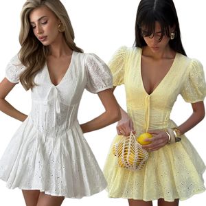 Vestido de Verano para Mujer, Estilo A, Tejido 100% Algodón, Cintura Natural, Transpirable, Ecológico, Cuello en V, Manga Abullonada, Liso Teñido, Mini - Product Image 1