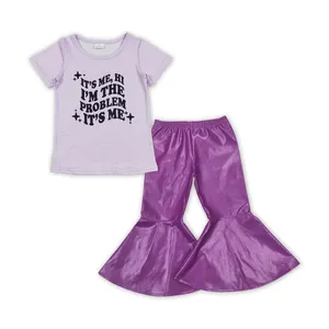 जीएसपीओ1475 बैंगनी छोटी आस्तीन वाली फ्लेयर्ड पैंट, छोटी लड़कियों के कपड़े का सेट, छोटी लड़कियों के कपड़े, बच्चों के कपड़े का सेट
