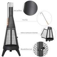 Moderne konische Feuerstelle im Chiminea-Stil aus robustem Eisen mit Gitterabdeckung und Kaminbesteck für Terrasse, Garten und Camping