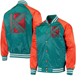 KVJ112, chaqueta universitaria de satén para hombre, diseño de invierno sin cuello de menta, bordado con letras, cuello naranja, bordado decorativo deportivo - Product Image 4