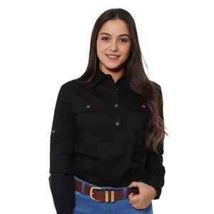 Camisas de trabajo de algodón de alta calidad para <span class=keywords><strong>mujer</strong></span>, bolsillos <span class=keywords><strong>extra</strong></span> <span class=keywords><strong>grandes</strong></span>, estilo rural de Color sólido personalizado para Primavera, Frente teñido liso - Product Image 4