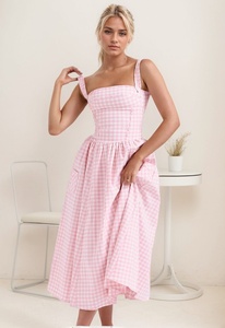 Abito personalizzato donna elegante Mahroon collo quadrato retrò stile Casual a scacchi estivi per la <span class=keywords><strong>sera</strong></span> di San Valentino - Product Image 4