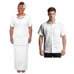 Conjunto de pareja boutique: Puletasi hawaiano con botones de cáscara de coco, camisas samoa <span class=keywords><strong>para</strong></span> hombre, ropa polinesia blanca <span class=keywords><strong>para</strong></span> él y <span class=keywords><strong>para</strong></span> ella. - Product Image 4