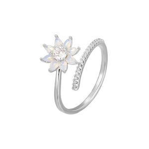 Flower Shaped Ring With Opal And Diamond Pave Setting Adjustable For Women's Fashion Jewelry Gift - Product Image 5