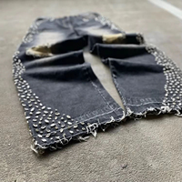 Fabricant OEM ODM sur mesure, Jean en denim pour homme, taille haute, coupe droite, déchiré et vieilli, imprimé motifs diamants et strass, éco-responsable