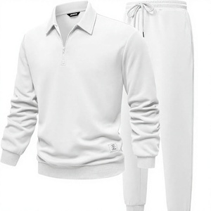Ensemble de survêtement pour homme, sweat-shirt blanc à demi-zip, couleur unie, coton, vêtements de jogging décontractés, manches longues, pantalon à cordon de serrage, coupe régulière - Product Image 1