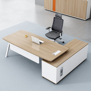 Bureau de direction moderne en forme de L <span class=keywords><strong>avec</strong></span> armoire latérale, design minimaliste en bois blanc, pieds en métal, écologique, garantie 10 ans - Product Image 2