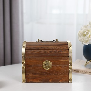 Wooden Gift Box With Gold Trim Lockable <b>Portable</b> Jewelry Storage Treasure Box For Children Money Box - Product Image 4