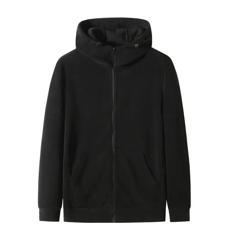 winter men polar fleece jacket black windproof full zip fleece jacket custom hoodies embroidery hooded polyester jacket