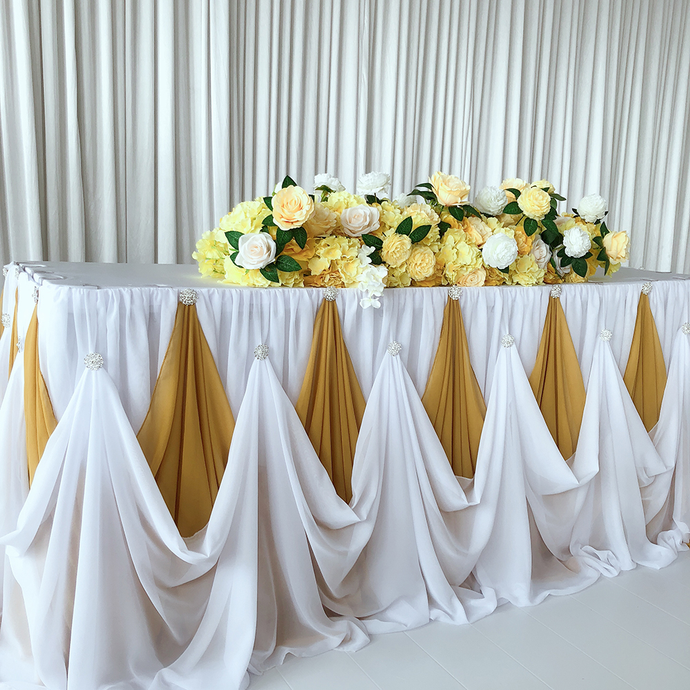 1 шт. 10 футов х 30 дюймов новый дизайн золотой белый шифоновый фартук для стола с роскошной бриллиантовой брошью для украшения свадебной вечеринки