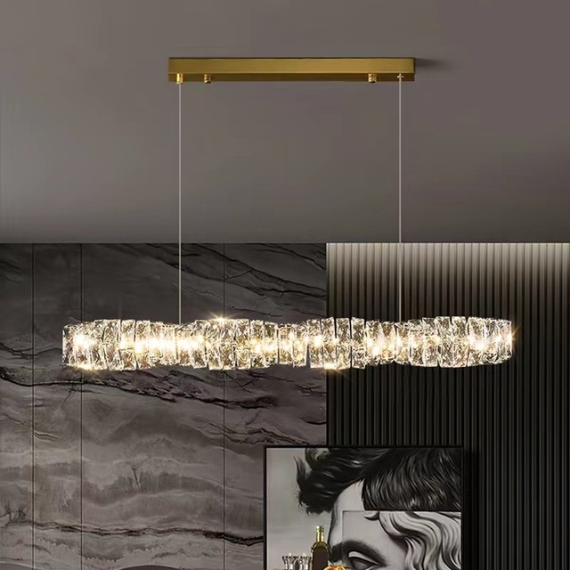 Light Luxury Crystal Dining Room Lamp Post-Modern Minimalist Table Island Designer Style Linear Long LED Chandelier Middle