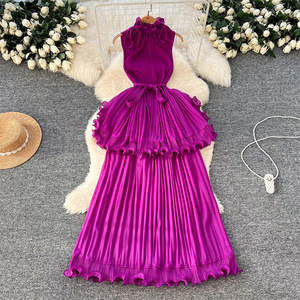 Robe midi plissée unie à volants pour femme, style Miyake vintage, taille naturelle, sans manches, vente en gros directe usine, été - Product Image 5