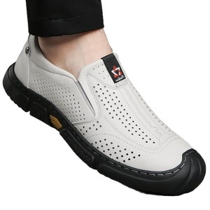 Mocassins en cuir blanc pour hommes, à bout rond, respirants, semelle en caoutchouc, chaussures décontractées de printemps - Product Image 5