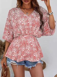 Blusa Floral de Manga Corta Estilo Retro Rockabilly Años 50 y 60, Ecológica, Transpirable, Lavable, Cuello Alto, Corte A, Holgada - Product Image 3