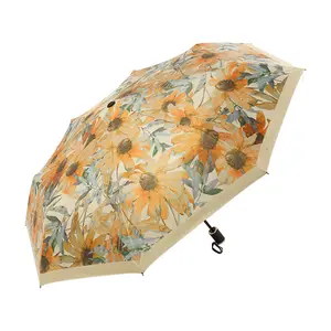 UV koruma ile üç kat otomatik Golf güneş şemsiyesi fantezi fransız baskılı çiçek tasarım kolay açılış kontrolü