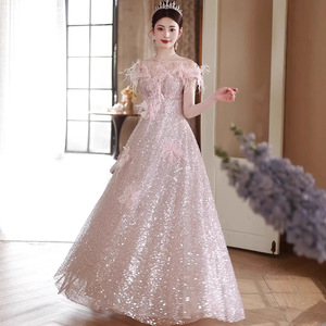 Off-The-Shoulder Sequined Evening Gown Empire Waistline 3D Stereoscopic Patterns For Coming-Of-Age Ceremony - Product Image 2