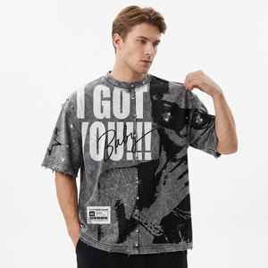Oversized Men's Acid Washed Denim <b>T</b>-<b>Shirt</b> Short Sleeve O-Neck Collar Printed Graphic Streetwear Style Vintage Fashion <b>T</b>-<b>Shirts</b> - Product Image 1