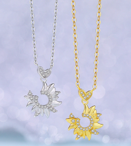 Collar con colgante de corazón de girasol en plata de ley S925 con circonita cúbica brillante de dos tonos, joyería moderna para mujer, regalo para ella. - Product Image 3