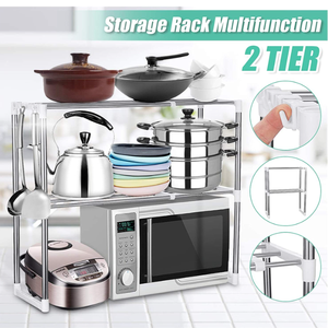 Estante ajustable para horno de <span class=keywords><strong>microondas</strong></span>, anaquel de acero inoxidable multifunción, doble estante de almacenamiento para cocina, plegable y telescópico - Product Image 5