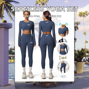 Women's Seamless Yoga Set 1 Piece Quick-Drying <b>Long</b> <b>Sleeve</b> <b>Top</b> Breathable Solid Pattern High-Waisted Leggings Elastic Waist Logo - Product Image 2
