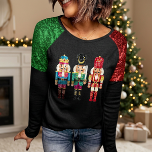 Pull de Noël pour femme à sequins, motif Casse-Noisette, manches longues, col rond, haut décontracté d'hiver, imprimé pailleté sur le devant - Product Image 4