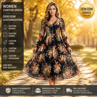 Robe longue smockée en mousseline florale lavable pour femme, col en V, taille empire, poignets à volants, vente en gros, OEM, ODM, marque privée