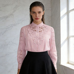 Customization Cute <b>Women's</b> Beige Polyester Spandex <b>Blouse</b> Crochet Lace Trim Breathable Summer Outwear Elegant <b>Long</b> Sleeve - Product Image 3