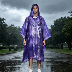 Poncho de pluie jetable en PE imprimé sur mesure, violet, à capuche, imperméable, pour adulte, à usage unique, pour événements, festivals, promotion, OEM - Product Image 3