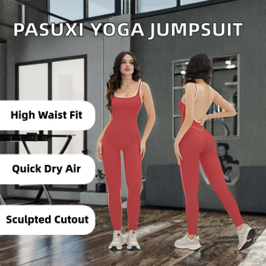 PASUXI Mono de yoga para mujer al por mayor, de cintura alta, control de abdomen, secado rápido, moldeador, transpirable, sin mangas, de longitud completa y con diseño hueco. - Product Image 2