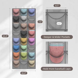 Organisateur de chapeaux à 24 poches, support mural en métal rectangulaire à suspendre sur la porte pour casquettes de baseball - Product Image 4