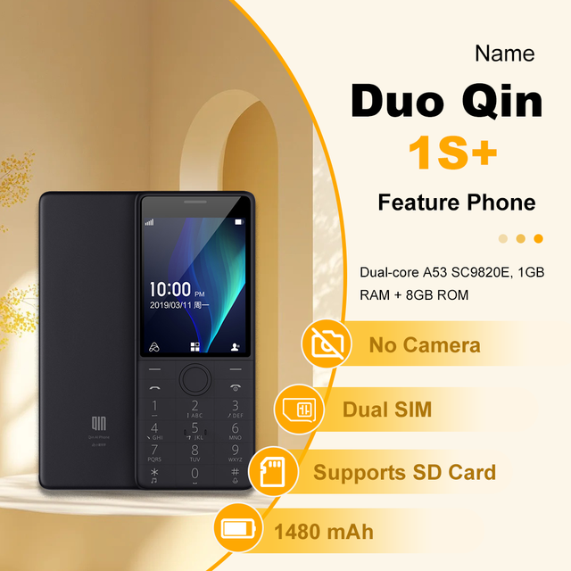 Qin 1S+ 4G LTE Keypad Phone, No Camera, Dual SIM Dual Standby, 2.8" Screen, 1480mAh Battery, Type-C Port,SD Card Supported