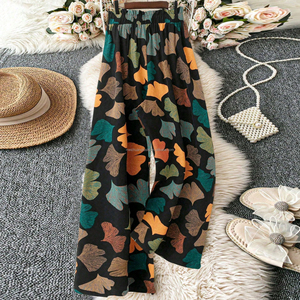 Custom Women's Ginkgo Leaf Print <strong>Trousers</strong> with Tie Waist Wide Leg Bottoms Pants <strong>Ladies</strong> - Product Image 4