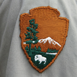 Patch brodé scène naturelle à coudre ou thermocollant avec motif montagne, arbre et bison pour accessoires vestimentaires - Product Image 1