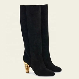 Women's Suede <b>Long</b> Boots High Chunky Cut Out Heels Square Toe Knee High Booties Straight Gold Heeled Shoes - Product Image 3