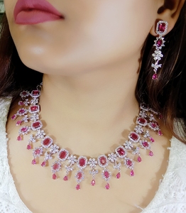 Women Silver-Plated American Diamond-Studded <b>Necklace</b> with Earrings & Mang Tikka Set Handmade Bulk Product - Product Image 1