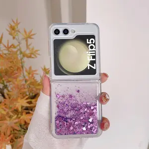 Fashion Cool Love Heart Glitter Quicksand Phone Case For Samsung Galaxy Z Flip 5 Z Flip 4 ZFlip3 Shockproof Liquid Sequins Cover