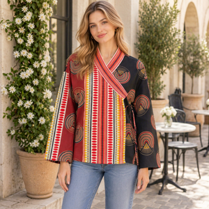 Women’s Colorful Wrap Top, Boho Geometric Print <b>Blouse</b>, Long Sleeve Tie Front Shirt - Product Image 1