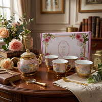 Service à thé en céramique de style européen avec motif floral, 4 tasses, 1 pot, assiette, tasses à café plaquées or, coffret cadeau inclus
