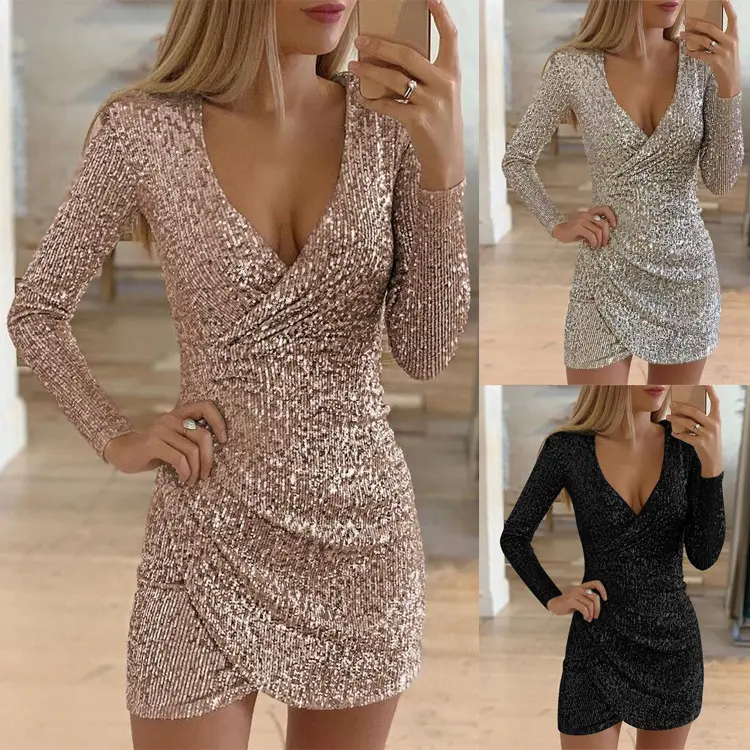 New fashion europe women sequined sexy solid color v-neck long sleeve Irregular pencil short dress party evening cocktail dress