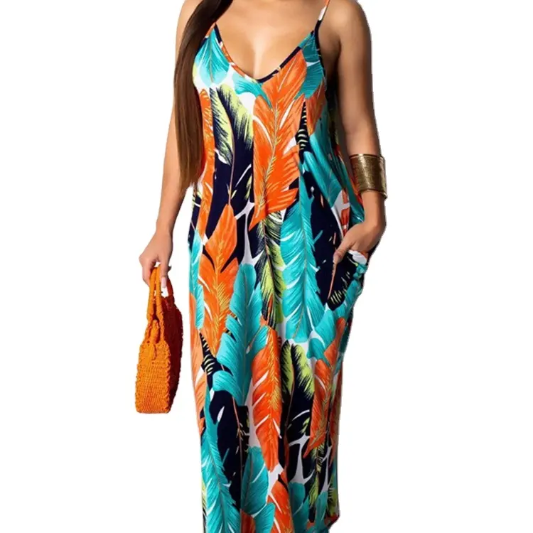 Maxi Dress Leaf Print Pockets Sexy Women Casual Summer Knitted Dresses