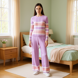 Dolado Set Loungewear da Donna in Maglia a Righe, Maniche Lunghe, Girocollo, Morbido, Casual, Completo da Notte Lungo, 2 Pezzi, Primavera - Product Image 2