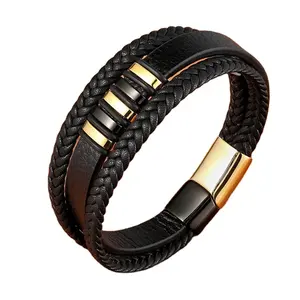 Nouveau 3 couches noir or Punk Bracelet en cuir véritable pour homme Bracelet magnétique en acier inoxydable bouton cadeau d'anniversaire hommes Bracelet