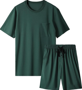 <strong>Mens</strong> 100% Cotton <strong>Pyjamas</strong> <strong>Set</strong> Home Wear Casual Fashion Summer Sleepwear with Pockets Breathable Knitted Fabric - Product Image 1