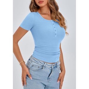 Womens Ribbed Henley Button Short Sleeve T Shirt Slim Fit Casual <b>Top</b> Breathable Knitted Cotton Spandex Blend Fashion Clothing - Product Image 3