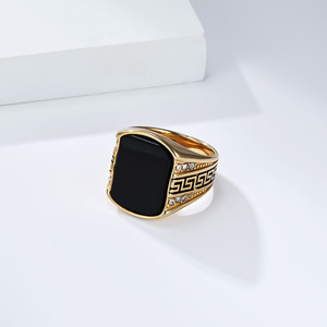 Men's Black Gemstone <b>Titanium</b> Steel <b>Ring</b> Geometric Pattern Gold Silver Color Fashion Jewelry Gift for Men - Product Image 3