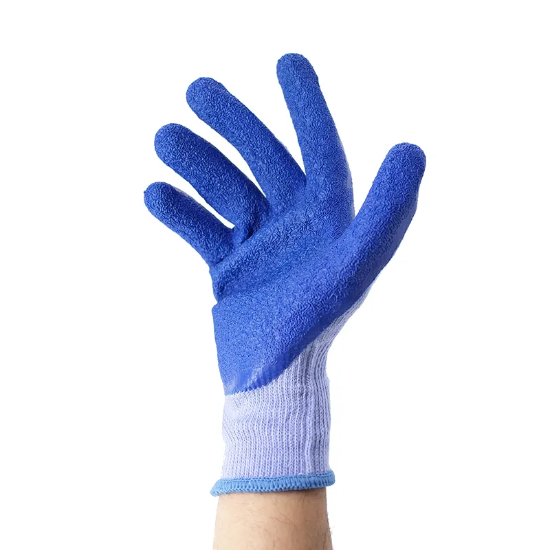 10G 5 Threads Grey Poly-Cotton T/C Shell Blue Latex Crinkle Finish Latex Coated Gloves For Work Latex